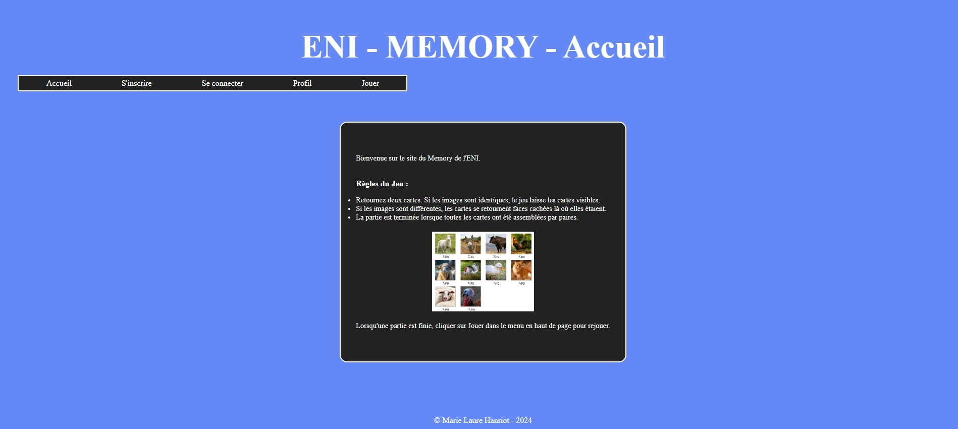 page d'accueil jeu Memory