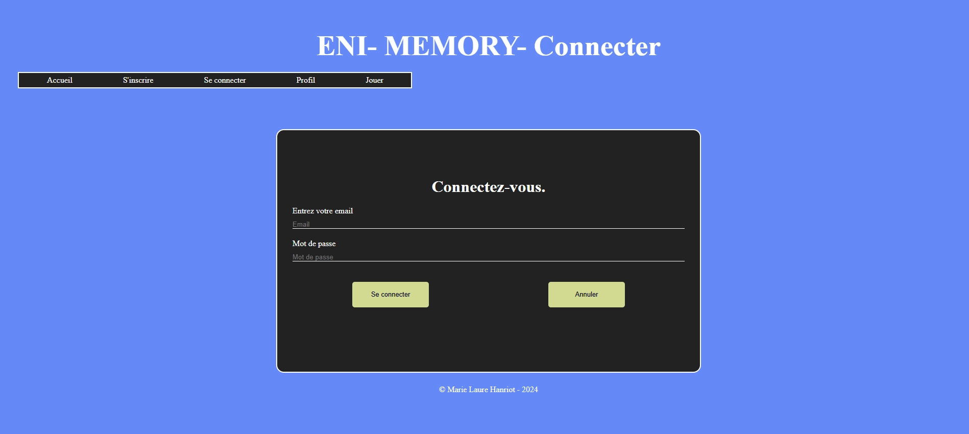 page de connexion jeu Memory