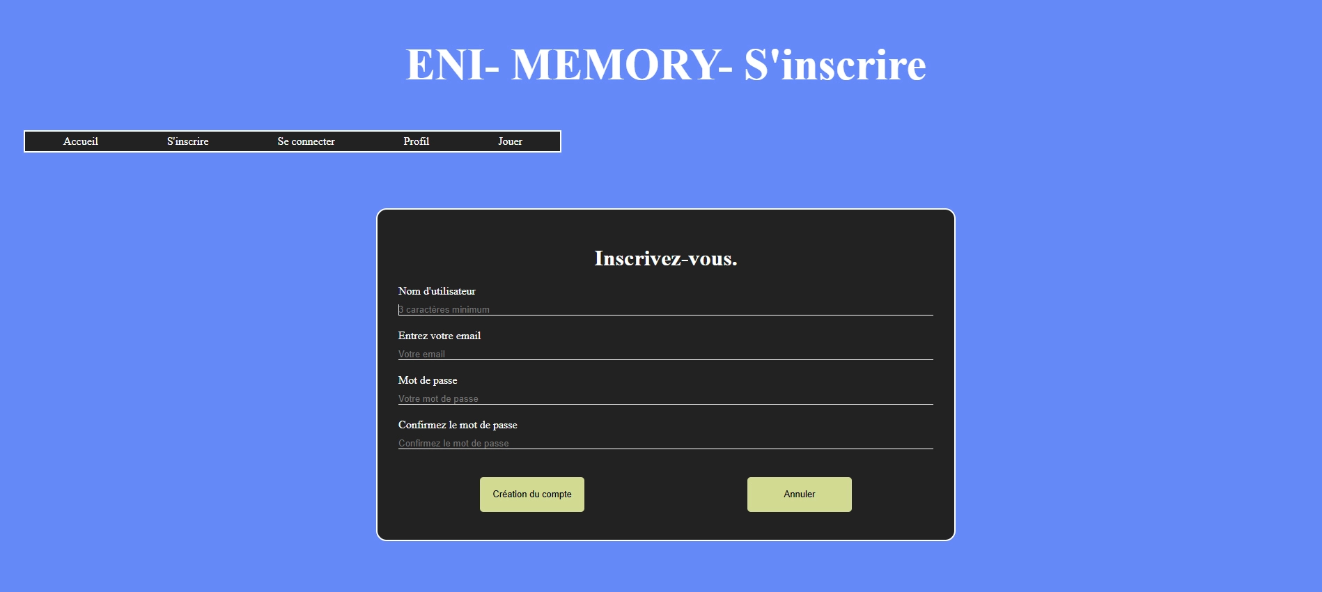 page d'inscription jeu Memory