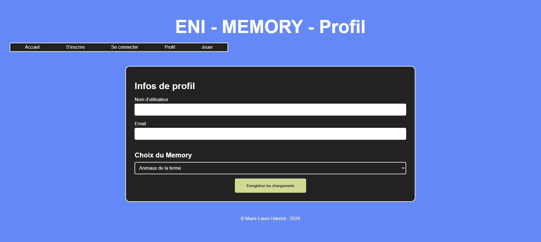 page de profil jeu Memory