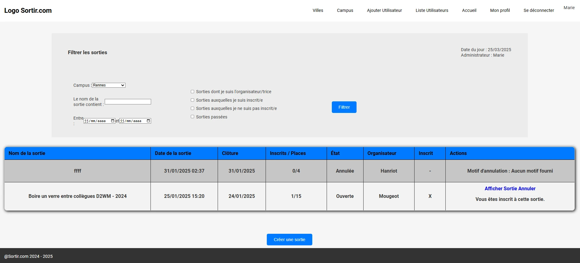 page d'accueil projet Sortir'