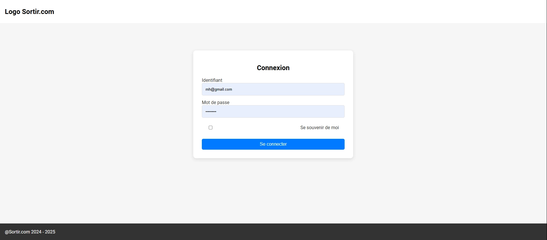 page de connexion projet Sortir