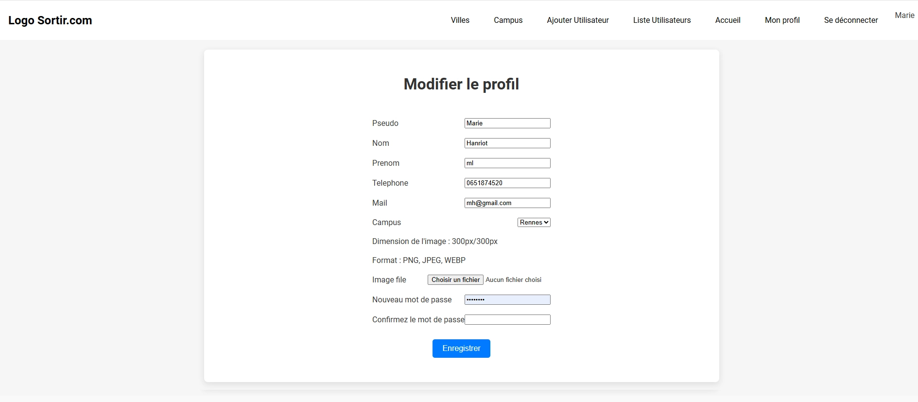 page de modification de profil