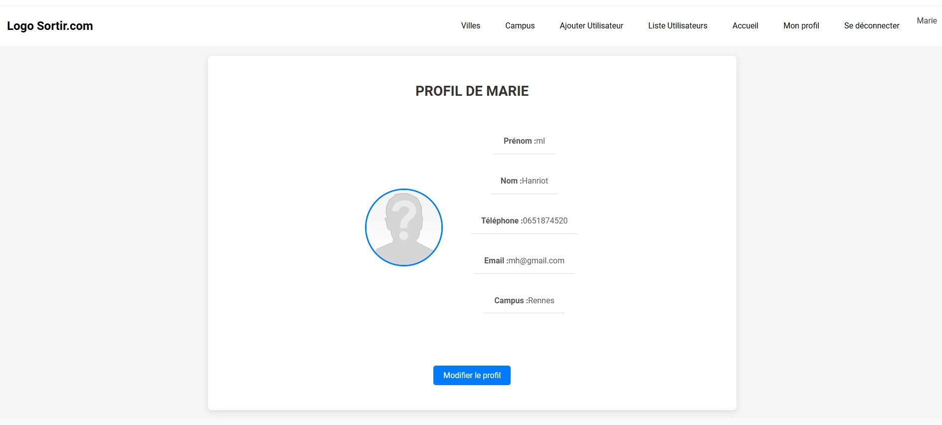 page de profil projet sortir