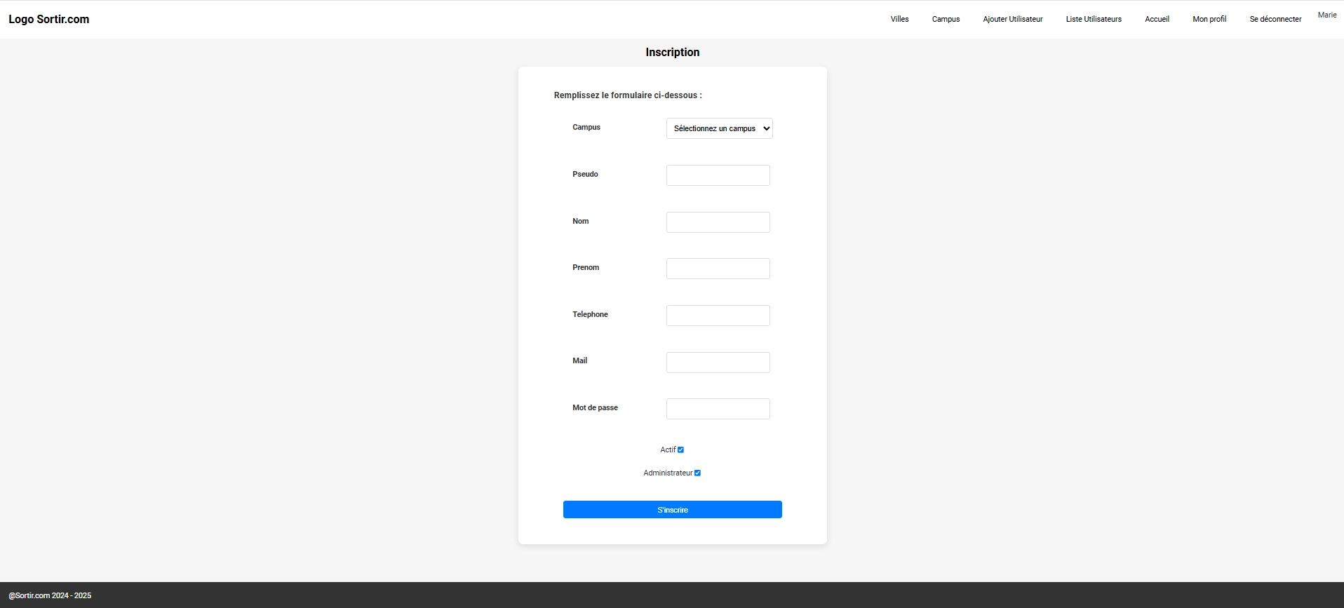 page d'inscription projet sortir