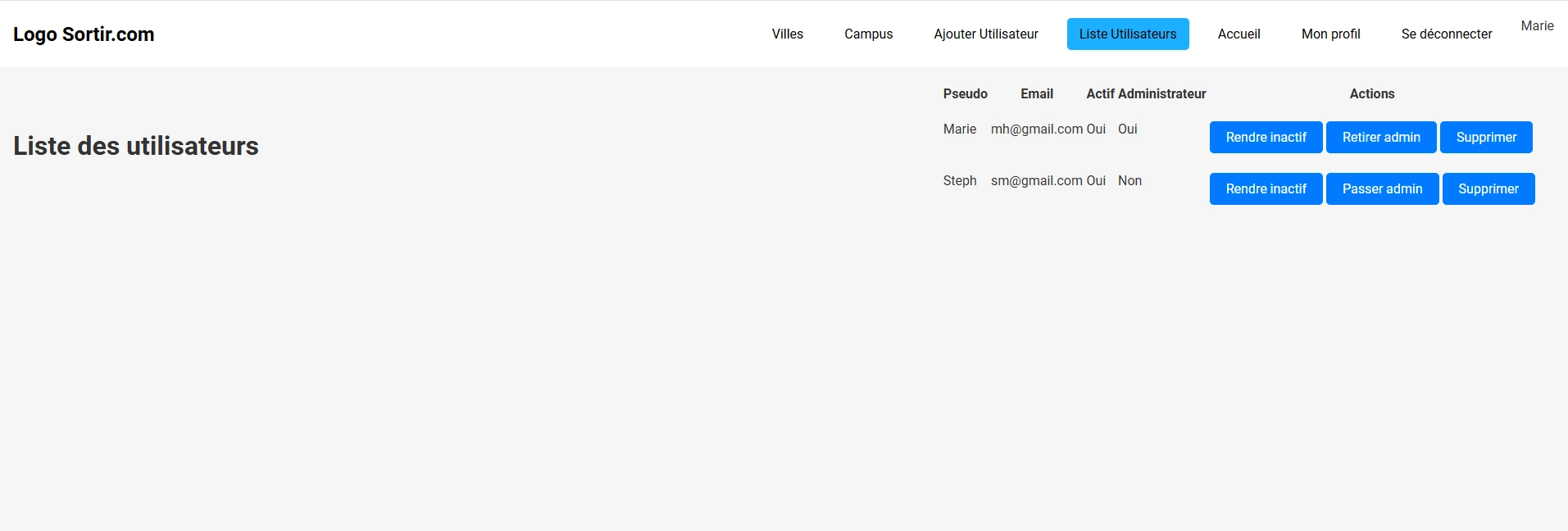 page de gestion des utilisateurs projet Sortir