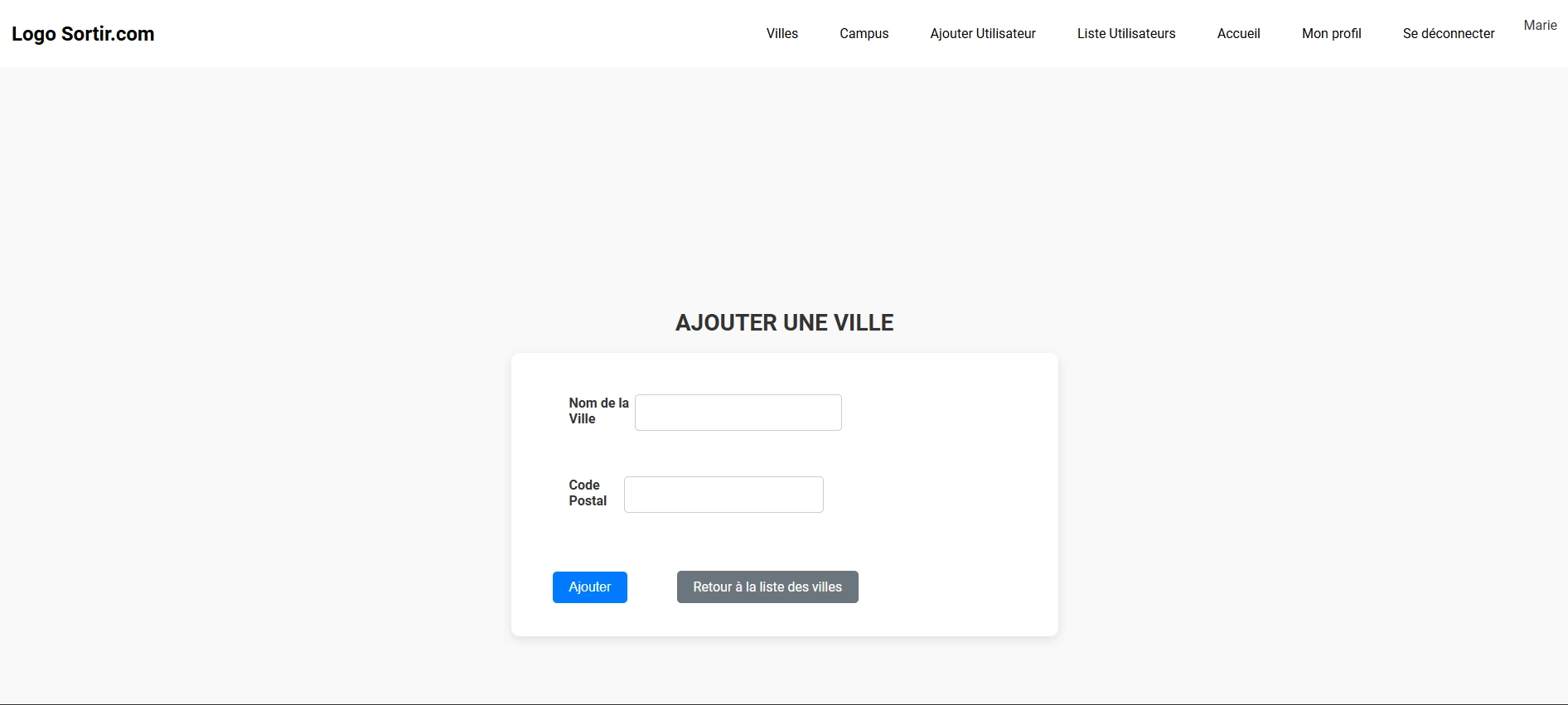 page d'ajout de ville projet Sortir