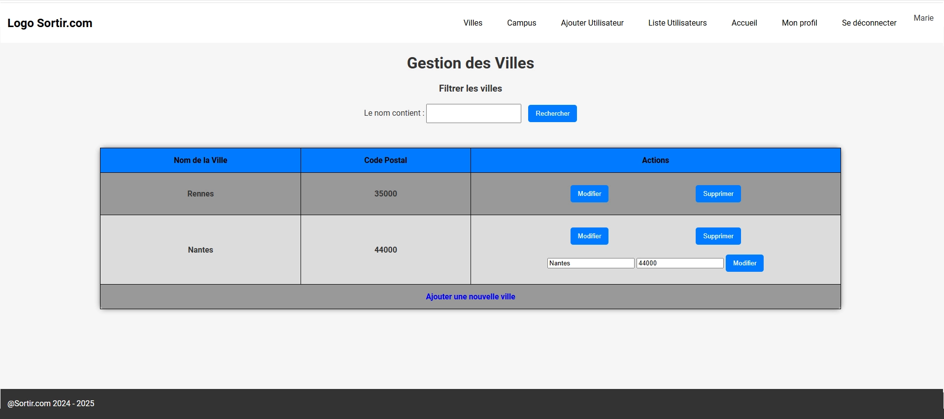 page de modification de villes projet Sortir