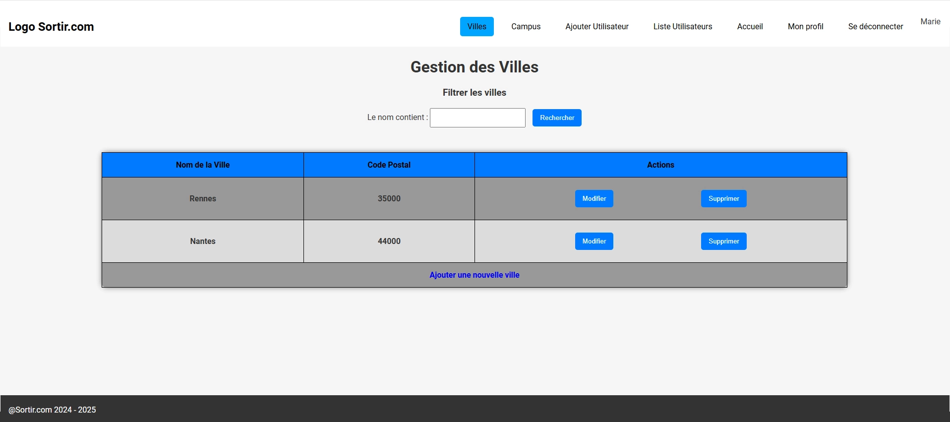 page des villes projet Sortir